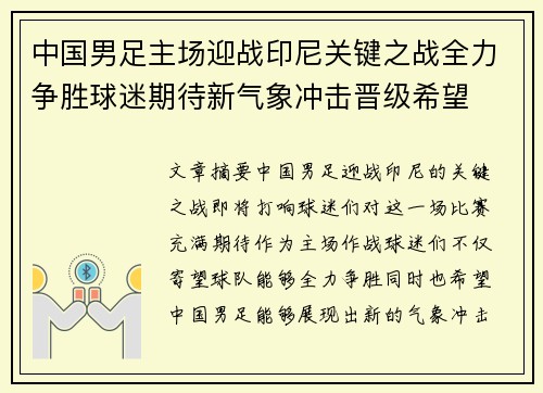 中国男足主场迎战印尼关键之战全力争胜球迷期待新气象冲击晋级希望