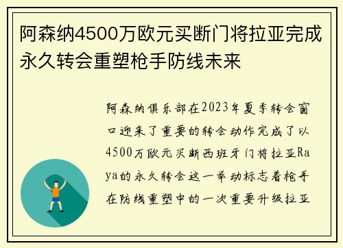 阿森纳4500万欧元买断门将拉亚完成永久转会重塑枪手防线未来